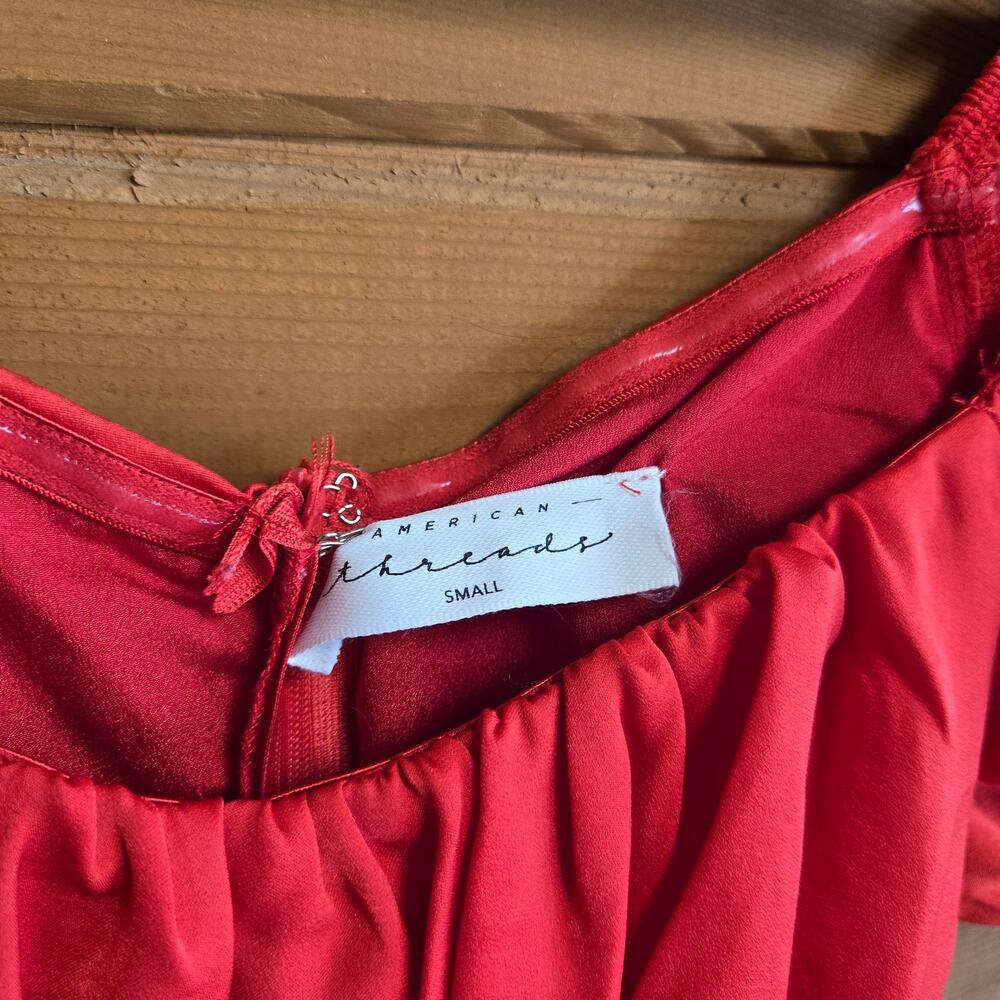 American Threads Romper Dress Red Off Shoulder Mini Flowy Puff Sleeve Small - Picture 5 of 5